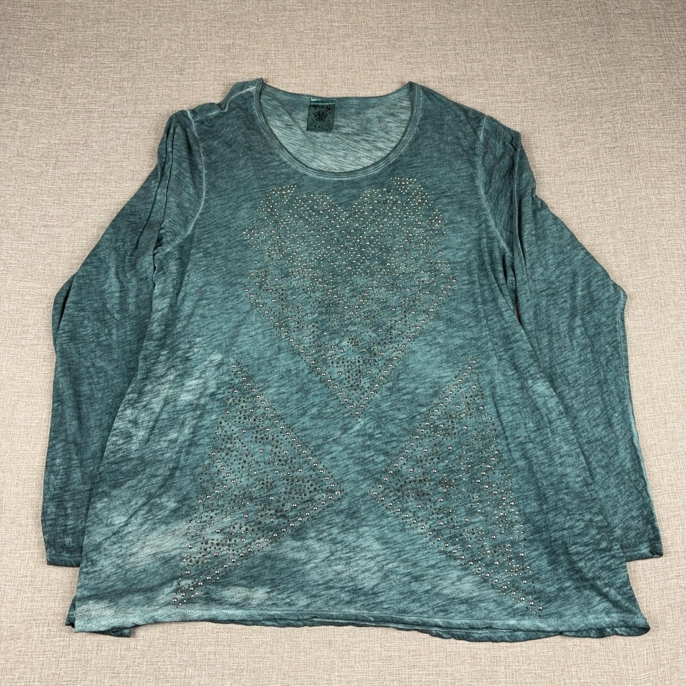 Vocal Tunic T-Shirt Womens 3XL Green Scoop Neck Long Sleeve Studded Rhinestone